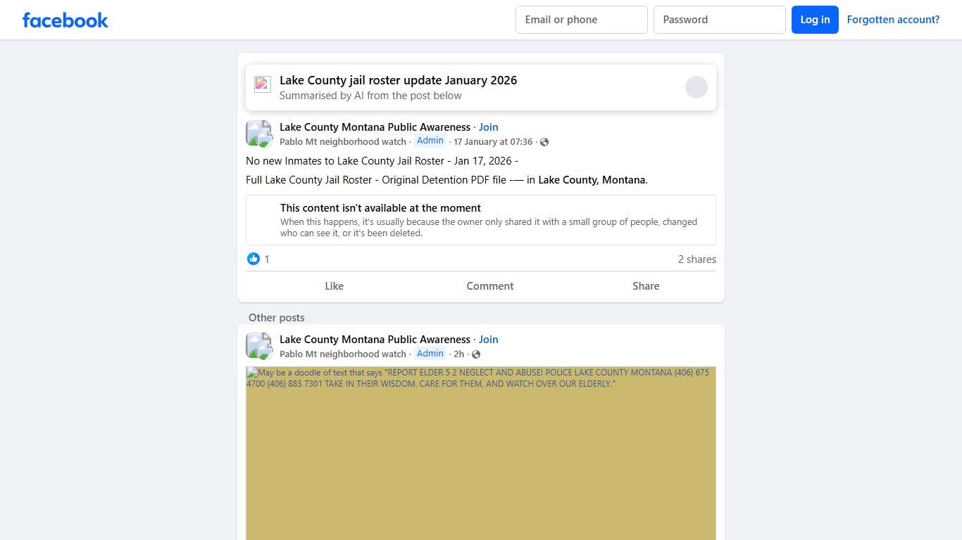 Lake County Montana Public Awareness No new Inmates to Lake County Jail Roster - Jan 17, 2026 - Facebook